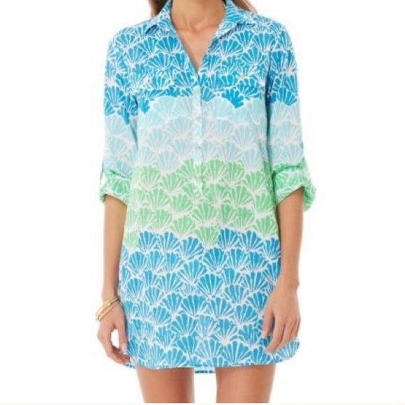 Lily Pulitzer Captiva Tunic Blue Green Shell Print Longsleeve Button Up Size XS - Picture 1 of 12